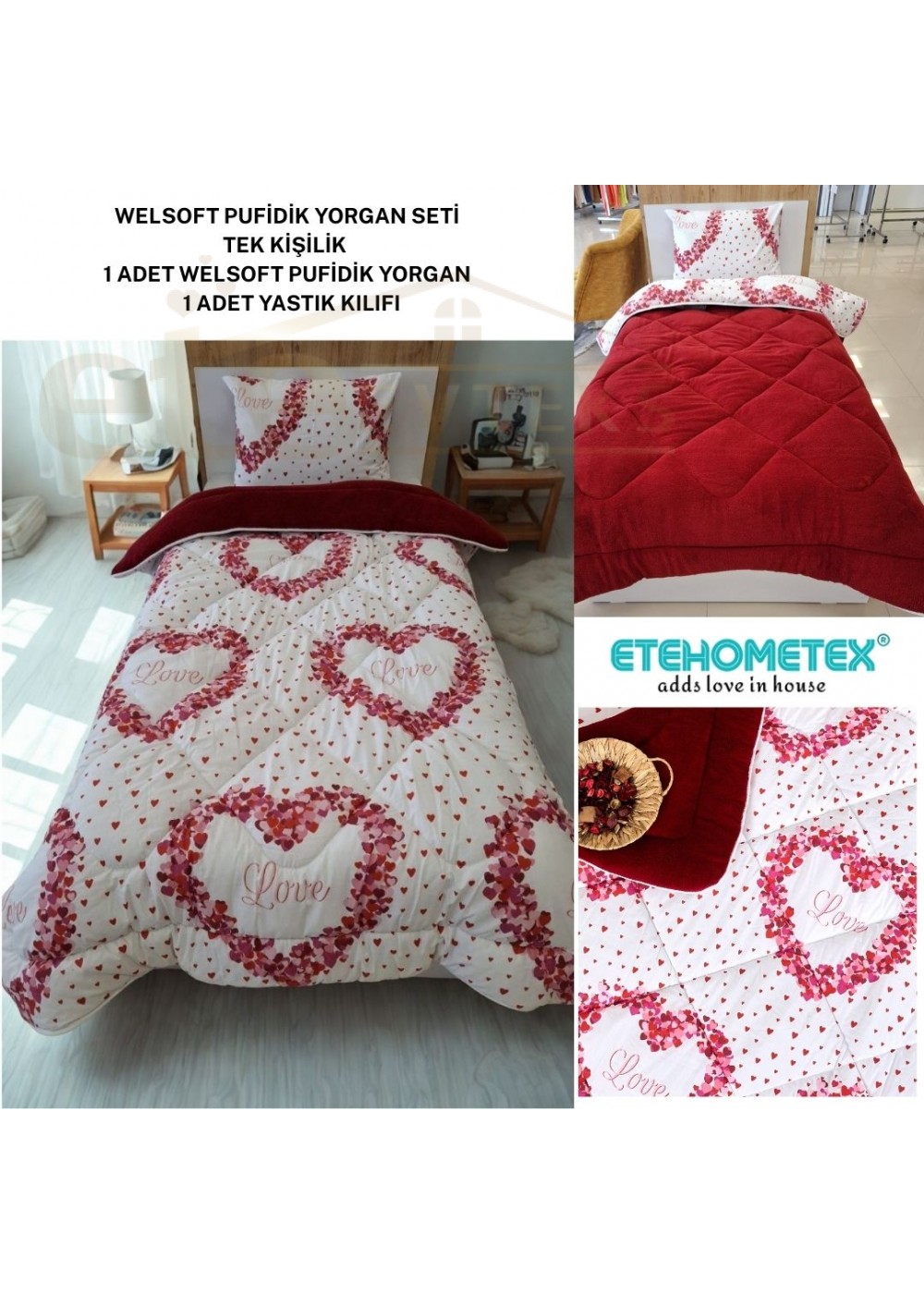 ETE HOMETEX TEK KİŞİLİK LÜX WELSOFT YORGAN SETİ LOVE BORDO 155X215CM 8696474231966 ETE HOMETEX TEK KİŞİLİK LÜX WELSOFT YORGAN SETİ LOVE BORDO 155X215CM 8696474231966